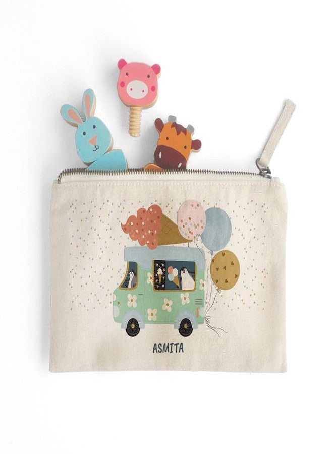 Zooboo Catch All Pouch Personalized with Kid's Names, 100% Cotton with Zipper, Pencil Pouch for Boys and Girls, School Supply Stationery Box Organizer for Students Ice Cream Fun - Image 3